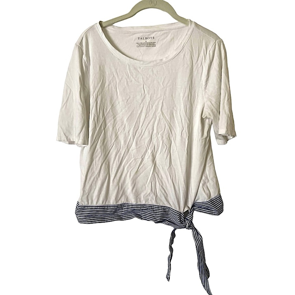 Talbots 100% Pima Cotton White Short‎ Sleeve T-Shirt with Blue Striped Tie Hem M